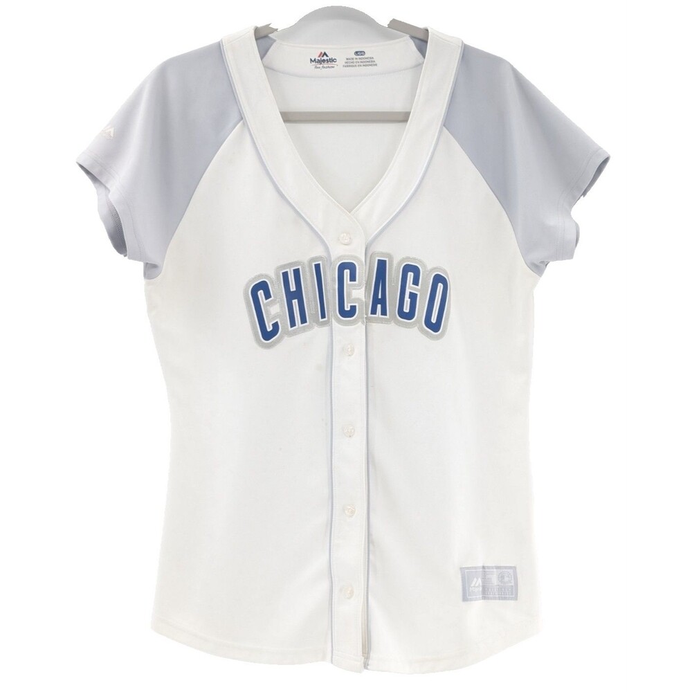 Chicago Cubs Majestic Baseball  Short Sleeve V-Neck White Gray Jersey Size Large